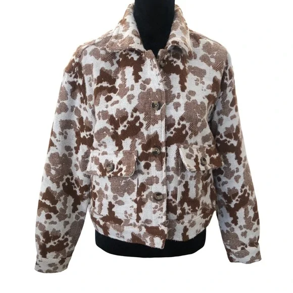 Sonoma Goods for Life Cropped Brown Cow Print Jacquard Bomber Jacket Sz M - Picture 8 of 16